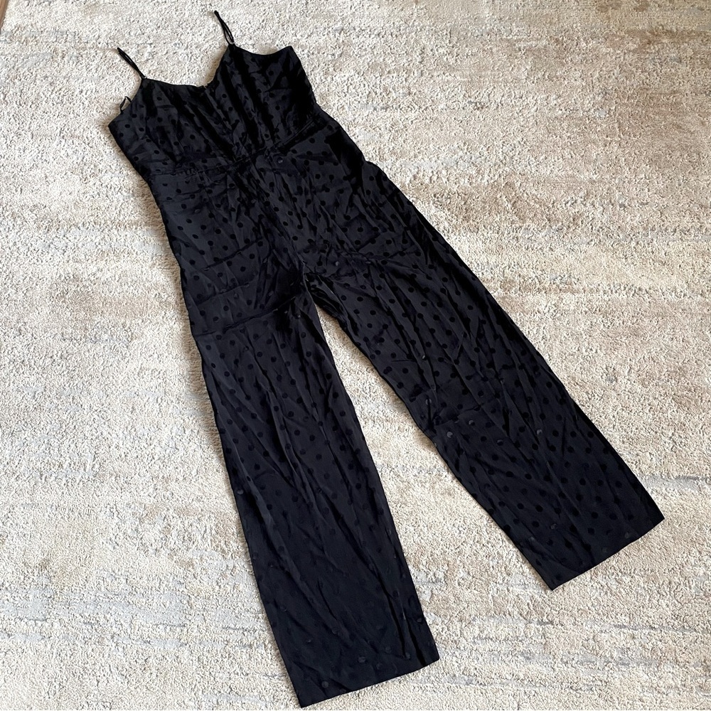 Anthropologie The Essential Jumpsuit Polka Dot Black V Neck Sleeveless Strappy